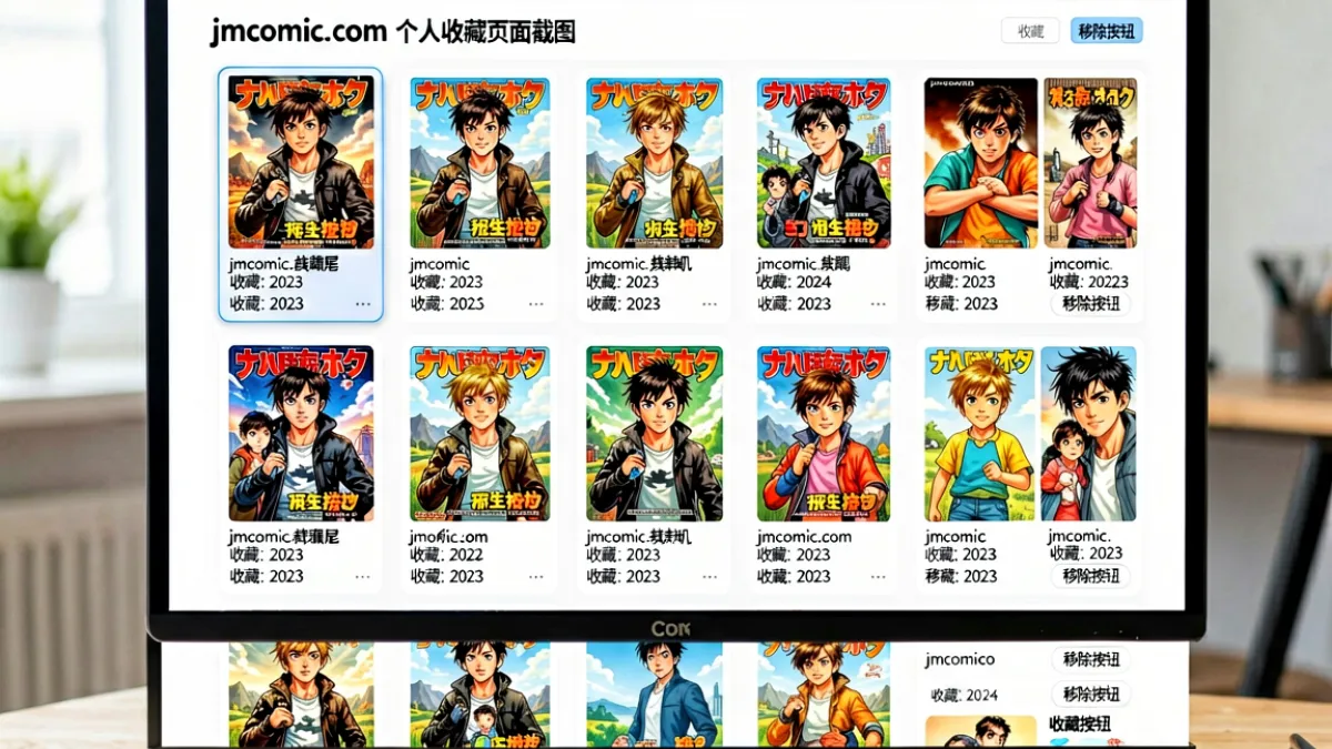 jmcomic.com 个人收藏页面截图，展示了用户收藏列表的界面布局，包括漫画封面缩略图、标题、收藏日期和移除按钮等元素，整体排版清晰有序