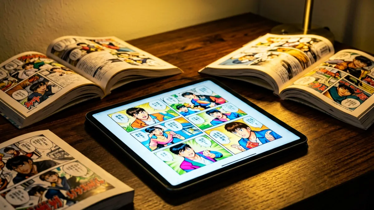 昏暗房间中一台平板电脑屏幕上显示着色彩丰富的漫画页面，多格分镜排列整齐，屏幕上方有暖色台灯光晕，周围散落着几本纸质漫画书，营造出沉浸式阅读氛围