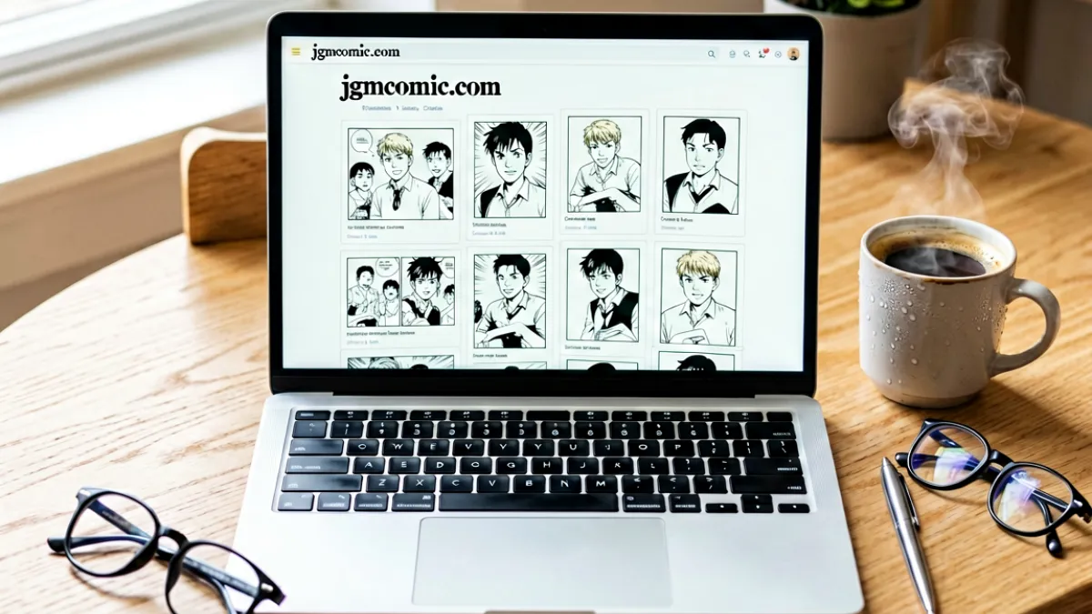 浏览器屏幕上展示 jmcomic.com 漫画阅读界面，旁边放着一台银色笔记本电脑和一杯咖啡，桌面整洁干净