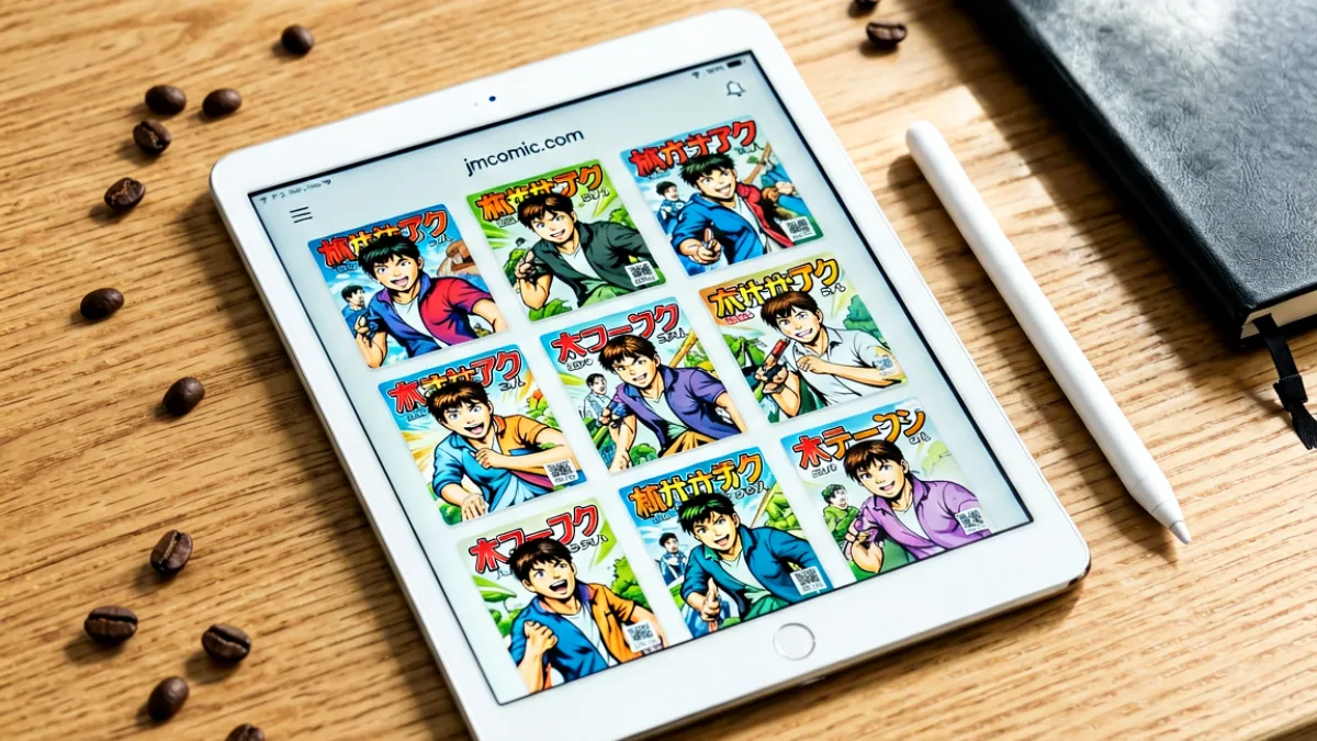 一张平板电脑平放在木质桌面上，屏幕上显示漫画网格布局，旁边摆放着一支手写笔
